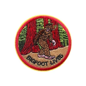 Bigfoot Lives Iron-On Patch - Embroidered Sasquatch Forest Applique - Picture 1 of 2