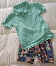 Children's Place Boy's Aqua Polo Style Shirt & Matching Madras Shorts Sz 5/6 Euc