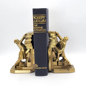 PM CRAFTSMAN Solid Brass Bookends Library Struggle 1970's Suede Leather Bottom U - Picture 1 of 10