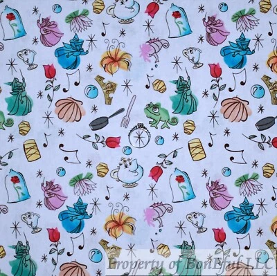 BonEful Fabric FQ Cotton Quilt White Belle Beauty and the Beast Rose Teapot Girl - Image 1 of 4