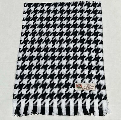 Men Women 100% CASHMERE SCARF Made in England Houndstooth Black/White/Blue #T03 - Image 1 of 4