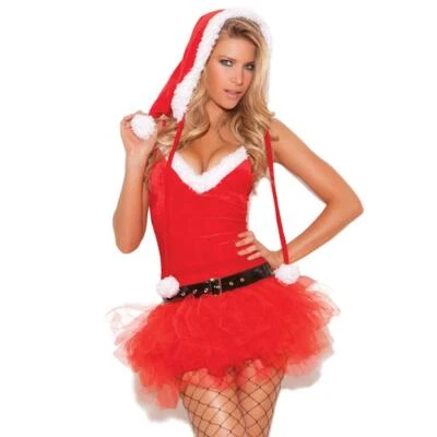 Fantasia de Papai Noel vestido tutu de veludo acabamento de pele sintética chapéu capuz cinto Sra. Claus 9062D GG - Imagem 1 de 4