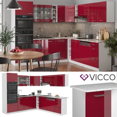 Küchenzeile Eckküche Einbauküche R-Line Ecke Weiß Bordeaux Arbeitsplatte Vicco - Bild 1 von 4