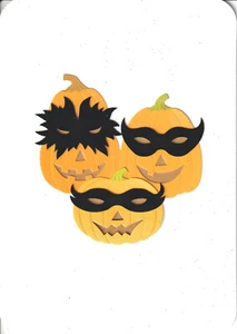 PAPYRUS HALLOWEEN CARD NIP MSRP $6.95 MASKED PUMPKINS CARD (C4) - Picture 1 of 2