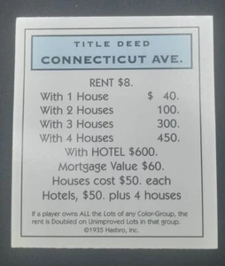 Monopoly Connecticut Ave. Pieza/parte de juego de repuesto de tarjeta de escritura de título HASBRO - Imagen 1 de 2