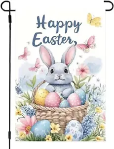 Happy Easter Garden Flag 12x18 Double Sided, Small Burlap Holiday Egg Bunny Outd - Picture 1 of 8