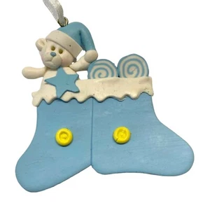 Christbaumschmuck Bär in Strümpfen mit Lutscher blau 3 Zoll groß Vintage - Bild 1 von 7
