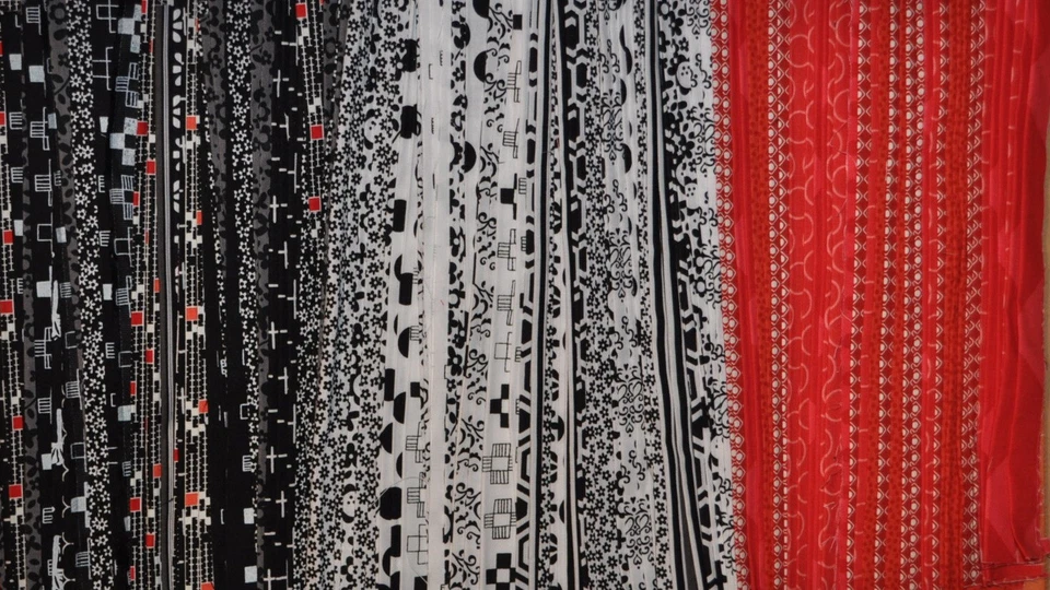 Designer Fabric Strips Black White Red, 2 yards total, 100% cotton - Image 1 of 1