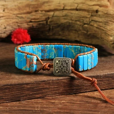 Pulsera trenzada de cuero vintage con cuentas de jaspe del océano azul protección curativa Foto 1 de 4
