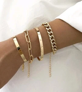 4pcs Bracelet Set Bangle Chain Boho Fashion Jewelry Gold Colour - Picture 1 of 2
