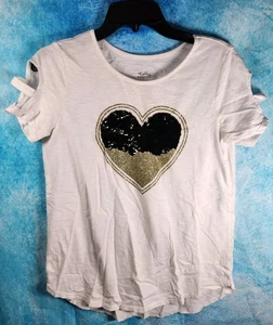 Justice Girl's Size 18/20 Ivory Sequin Heart Short Sleeve Graphic Tee NWOT - Picture 1 of 4