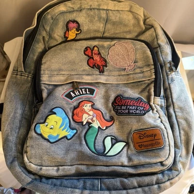 Disney Loungefly Ariel Little Mermaid Flounder Blue Denim Backpack With Patches - Image 1 of 4