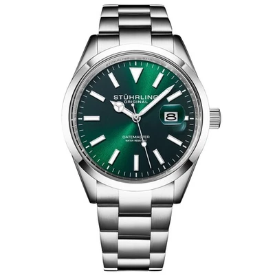 Reloj pulsera de acero inoxidable verde Stuhrling 4065 3 Datemaster fecha para hombre Foto 1 de 4