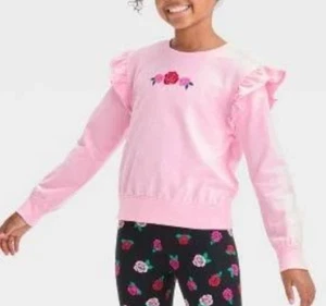 NEW Cat & Jack Girl's Pink Roses French Terry Pullover Sweatshirt Size XS 4/5 - Picture 1 of 2