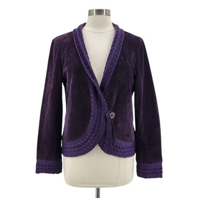 Nueva Chaqueta Coldwater Creek Mujer Mediana Cuero Gamuza Cable Tejido Púrpura Boho Foto 1 de 4