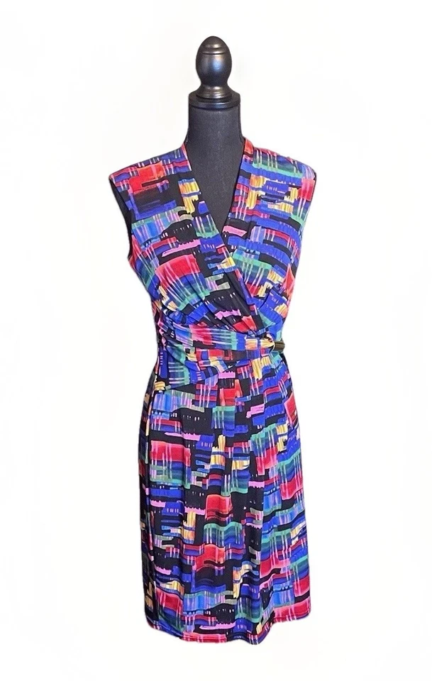 Vestido estilo envolvente estampado geométrico multicolor Ellen Tracy talla 4 Foto 1 de 4