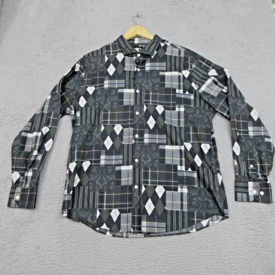 Camisa de Murano para Hombres XL Negra Verde Blanca Cuadros Retazos Paisley Botones Ajustada Foto 1 de 4