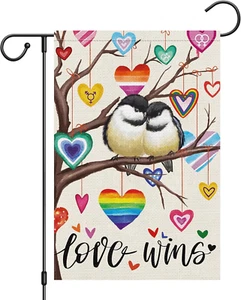 Love Wins Rainbow Pride Garden Flag 12X18 Double Sided Burlap, Love Birds Lesbia - Picture 1 of 8