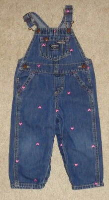 Oshkosh Vestbak Toddler Girls Blue Jean Overalls Pink Hearts Size 18 Months  - Image 1 of 3