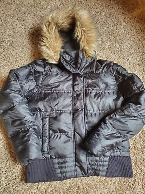 Marmot Girls Black 700 Fill Down Faux Fur Hooded Jacket Coat Size Large - Image 1 of 4