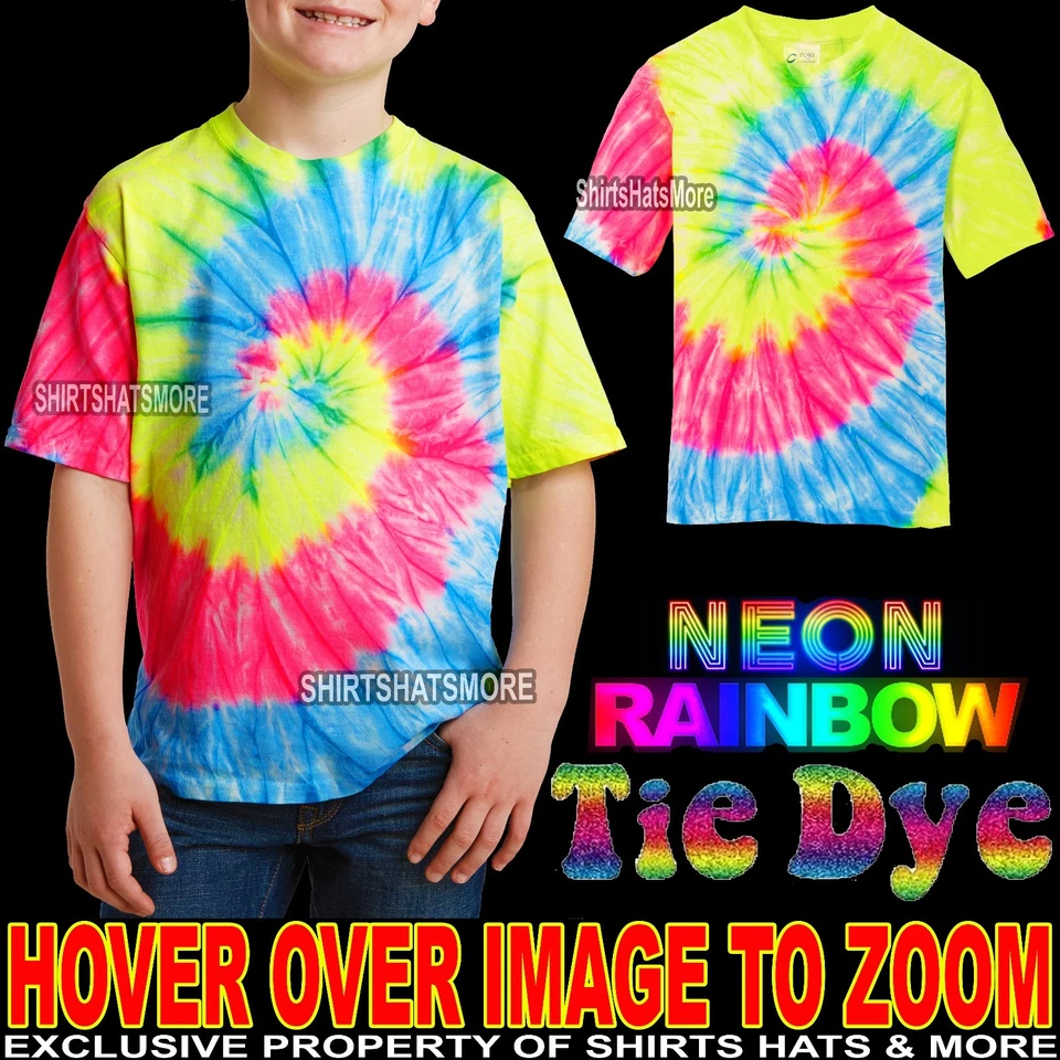 Camiseta Youth Tie Dye Neon Rainbow Tye Died XS, S, M, L XL Meninos Meninas Crianças Criança - Imagem 1 de 1
