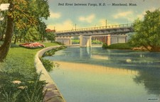 Red River Between Fargo North Dakota-Moorhead Minnesota Unused Linen Postcard
