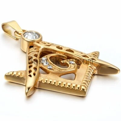 Collar con colgante masónico masónico de acero inoxidable chapado en oro para hombre Foto 1 de 4