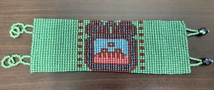 Handmade Huichol Bracelet Green Brown Blue Black Seed Bead 2 in Wide 7 in Long - Picture 1 of 11