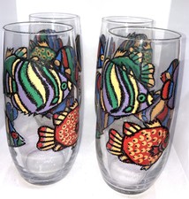 4 VTG Libbey Colorful Tropical Fish Pattern Drinking Glasses 6 1/8" 16 oz (used)