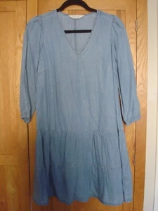 Primark Blue Cotton Blend Chambray V Neck Long Sleeve Tiered A-Line Dress UK 8 - Picture 1 of 2