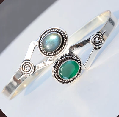 Grüner Onyx & Labradorit Edelstein 925 Sterling Silber Armband Modeschmuck - Bild 1 von 4