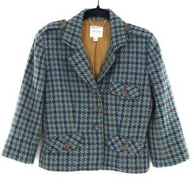 Blazer Walter Houndstooth Lana Tweed Mujer 2 Azul Academia Blair Waldorf Preppy Foto 1 de 4
