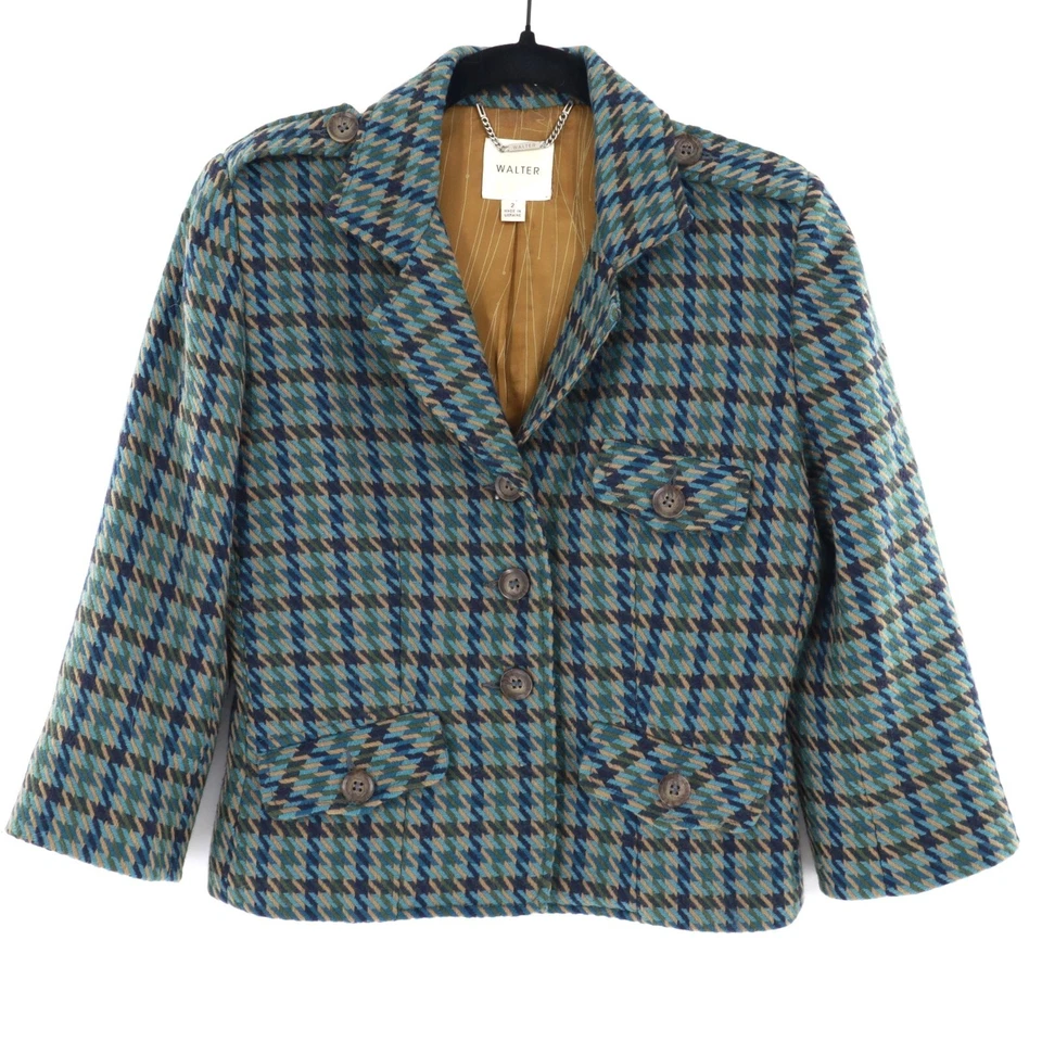Walter Houndstooth Wool Tweed Blazer Womens 2 Blue Academia Blair Waldorf Preppy - Image 1 of 4