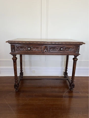 Antique French Renaissance Revival Craved Walnut And Marble Side Table Or Desk Cover