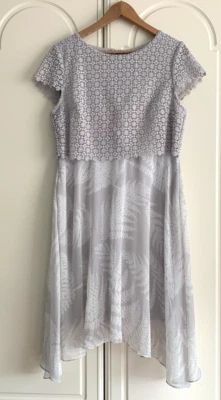 Phase Eight China Doll Grey Floral Lace Bodice Asymmetrical Midi Dress Size 14 - Image 1 of 4