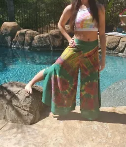 Maya Antonia Palazzo Pants Hand Tie-Dye Green-Pink-Yellow/Wide Leg Pants/Boho - Picture 1 of 10