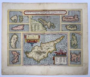 CIPRO E ISOLE DELL'EGEO 1624 ABRAMO ORTELIUS GRANDE MAPPA ANTICA XVII SECOLO - Foto 1 di 9