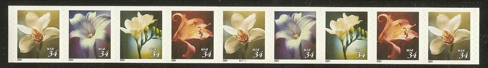 US Scott 3478-3481 34c Four Flowers PNC strip of 9, plate # B1111 - Image 1 of 1