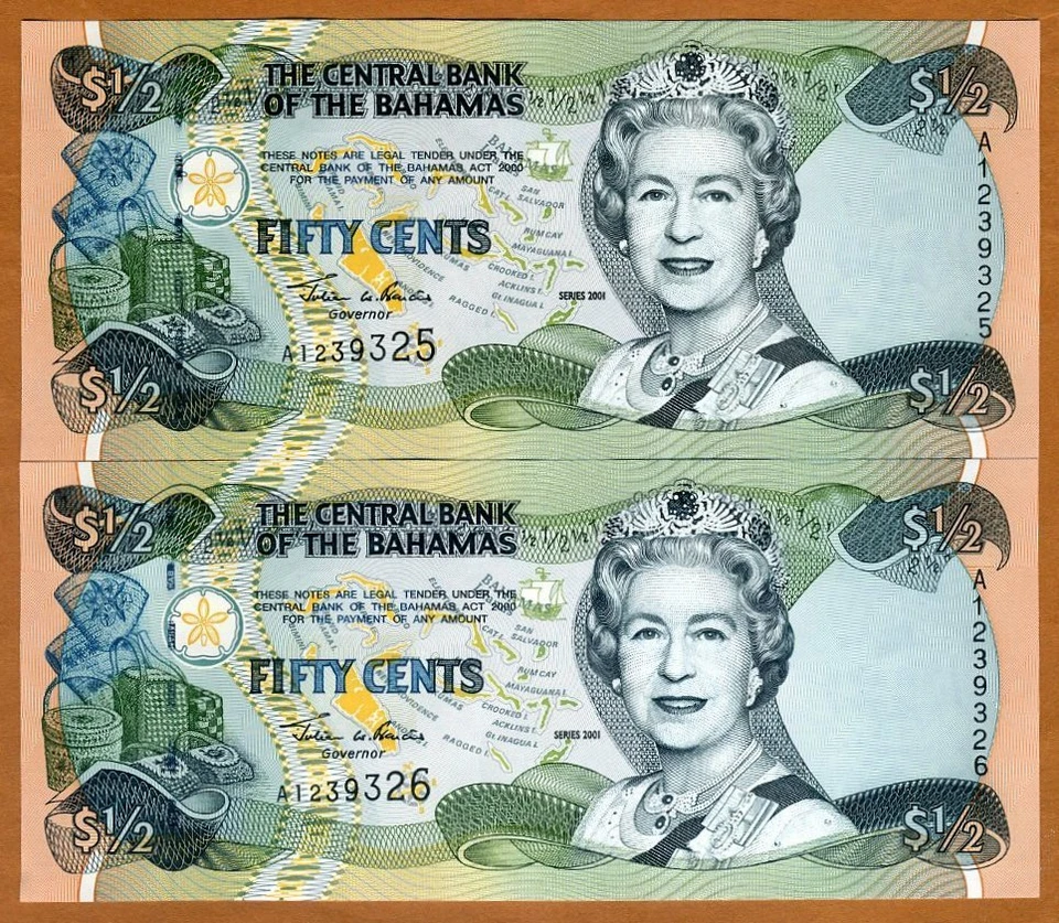套装 巴哈马,2 x 1/2 美元 (50 美分) 2001 年,P-68,QEII,UNC 连续一对 — 第 1/1 张图片
