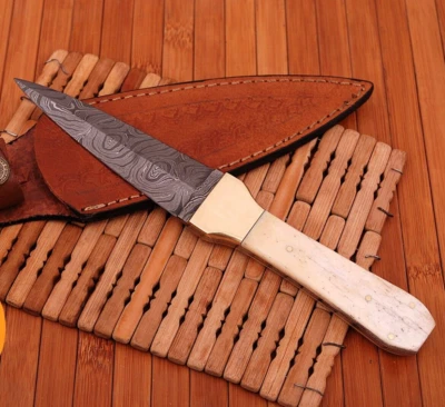 Cuchillo para botas de caza forjado a mano hoja de acero Damasco con funda de cuero EDC 943 Foto 1 de 4