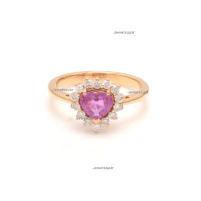 Anillo Love Band Oro Sólido 14k Zafiro Rosa Genuino Corte Corazón y Diamantes Naturales Foto 1 de 4