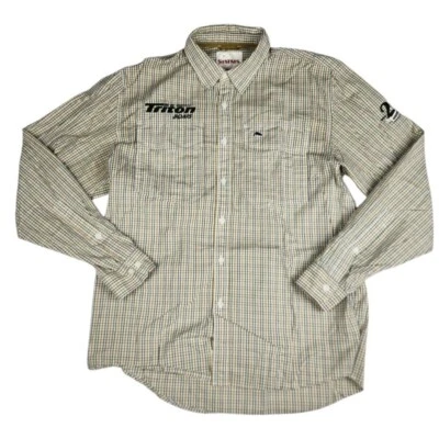 Simms Fisshing Shirt Mens Medium Green Plaid LS Button Up Triton Boats Outdoors - Image 1 of 4