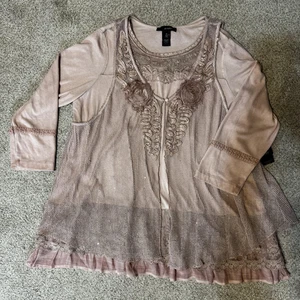 Ali Miles Tunic Womens 1X Pink Lace Mesh Overlay Boho Ruffle Hem 2-Piece NWT - Picture 1 of 13