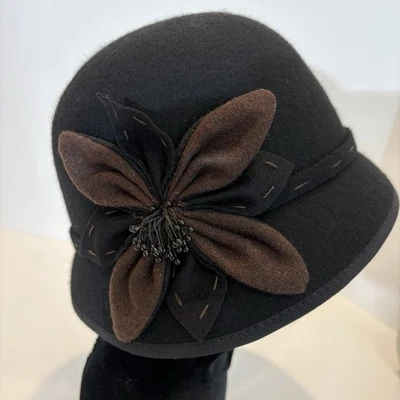 SCALA Pronto 100% шерсти Cloche шляпа черный коричневый цветок бисером акцент винтажный - Изображение 1 из 4