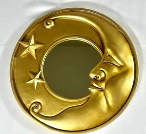 VTG Celestial Mirror Gold Tone Moon Stars Round Wall Moon Face 1990s Boho 12" - Picture 1 of 9