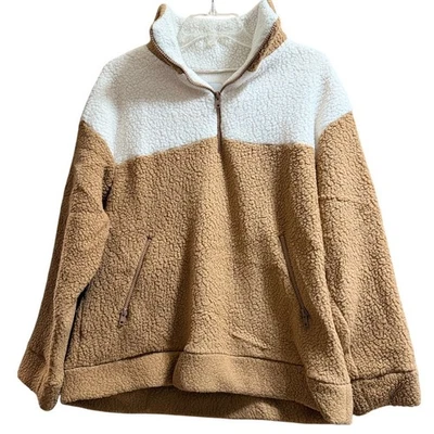 Dudley Stephens Tan & White Colorblock Sherpa 1/4 Zip - Size Medium - Image 1 of 4