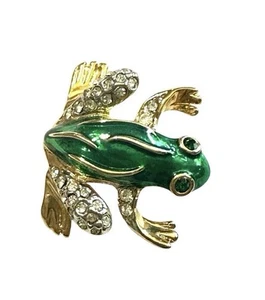 Broche prendedor vintage de rana enchapado en oro con estrás esmalte verde Attwood & Sawyer A&S - Imagen 1 de 11