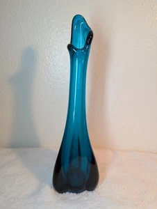 Vintage MCM Viking 9.5" Three Foil Swung Swan Glass Vase Aquamarine Blue - Picture 1 of 11
