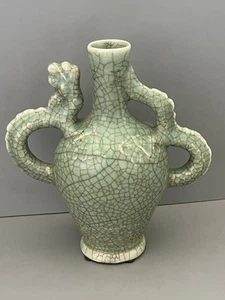 Vtg Celadon Crackle Glazed Dragon Vase- Korean? Chinese? Antique? 8” - Picture 1 of 9