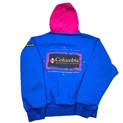 Columbia Sudadera con Capucha Mujer Pequeña Azul Rosa Sudadera Suéter Deletrear Retro Neón Foto 1 de 4